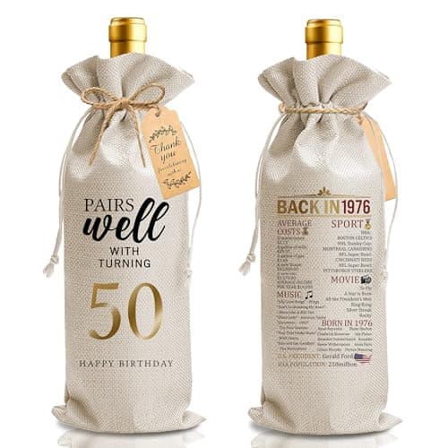 50th Birthday Wine Gifts Bag for Woman Men Happy Birthday Wine Bottle Gift Bags with Drawstring Thank You Card Happy Anniversary 50th Party Supplies Decorations for Coworker Friends Family - A16