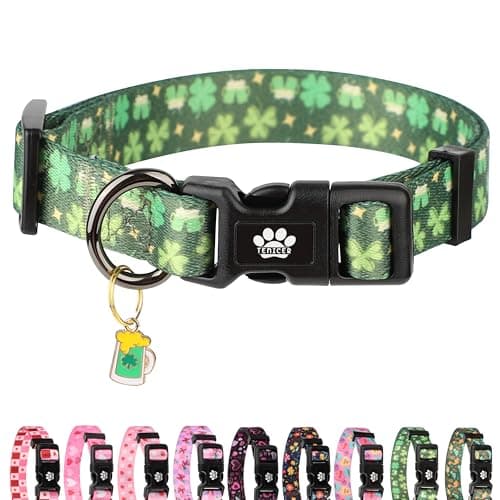 TENICER St. Patrick's Day Dog Collar, Cute Green Clover Shamrock Trefoil Pet Collars for Puppy Small Medium Large Boy Girl Dogs-S