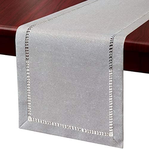 Grelucgo Small Short Hand Hemstitched Dining Table Runner Dresser Scarves, Sliver Thread Interweaving (Light Gray, 14 x 48 Table Runners)