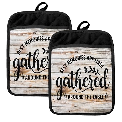 HUGANE Farmhouse Oven Mitts Set, Chef Gifts, Best Memories are Made Gathered Around The Table Heat Resistant Kitchen Oven Gloves for Baking and Cooking,Pot Holders