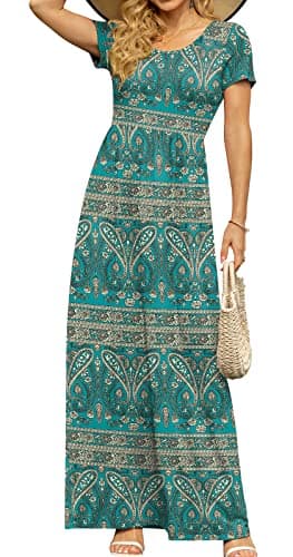 DB MOON Womens 2026 Casual Summer Maxi Dresses Short Sleeve Empire Waist Spring Long Dress with Pockets(Blue Khaki, M)