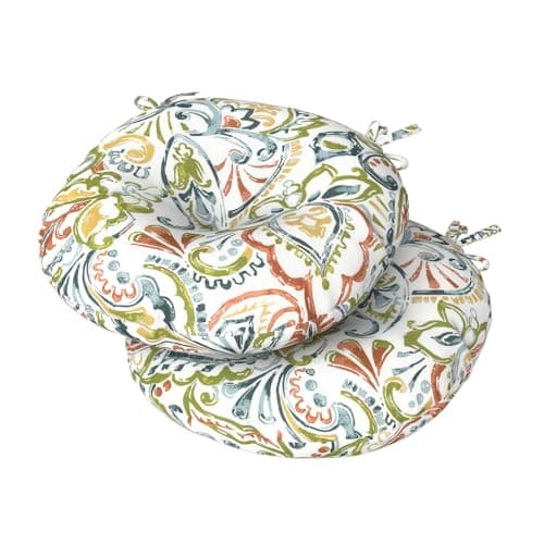 DYTXIII Set of 2 Outdoor Round Chair Cushions 15"x15"x4" with Ties, Water Repellent Tufted Bistro Seat Cushions, Thick Patio Chair Pads for Bar Stool, Garden & Dining Furniture - Paisley Botanical
