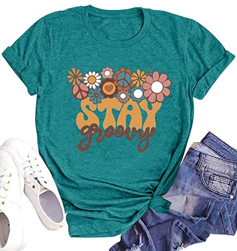 Groovy Teacher Shirt for Women Retro Floral Short Sleeve Hippie 70s Teacher Tee Top(Cyan,Small)