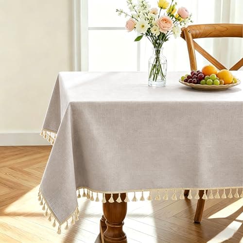 Alsoo Table Cloth Rectangle Table 55" x 90" Linen Look Texture Cotton Tablecloth Waterproof Wrinkle Free Heavy Duty Tables Cover with Tassel for Kitchen Dining Holiday Party, Light Brown