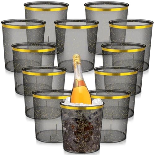 Acellegic Ice Buckets Bulk, 6 Liter Plastic Round Ice Buckets, Disposable Storage Drink Tub or Party Bar Wine Beer Champagne Beverage Bottle Cooler(Gray,Gold Rim and Glitter,12 Pcs)