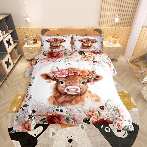 Feelyou Cute Highland Cow Comforter Set Twin Size Boys Girls Teens