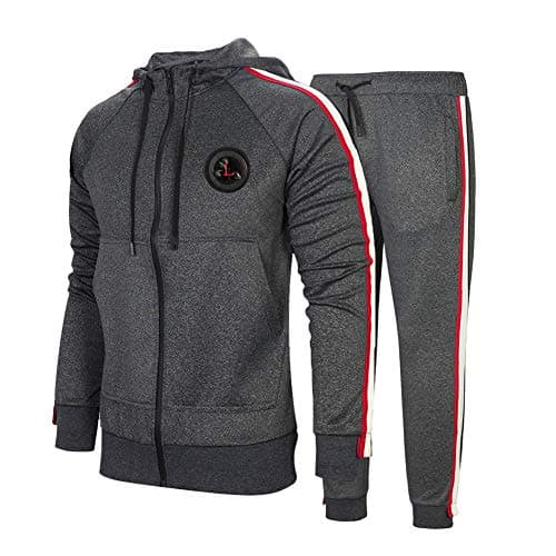 DUOFIER Men's Outdoor 2 Piece Jacket Pants Track Suits Sport Sweat Suit Set, Dark Gray-M