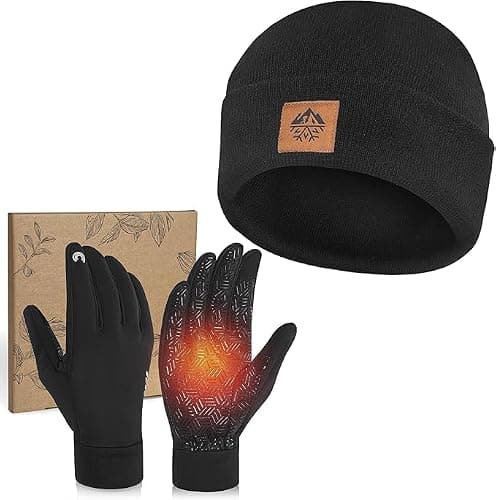 RIGWARL Winter Mens Hat and Gloves Set for 32-50℉, Soft Hat and Touchscreen Gloves for Men Women, Black Slouchy Beanie and Glove for Unisex Adults(Black, S)