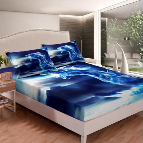 Feelyou Dragon Bed Sheet Set Trippy Western Sheets Set Cool Ice Dragon Bedding Fitted Sheet for Kids Boys Full Size Includes 1 Sheets & 2 Pillowcases (No Flat Sheet)