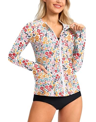 SANTINY Women's Rash Guard UPF50+ SPF UV Protection Long Sleeve Swimsuit Top with Pockets Zip Front Swim Shirts Woman (Floral_3XL)