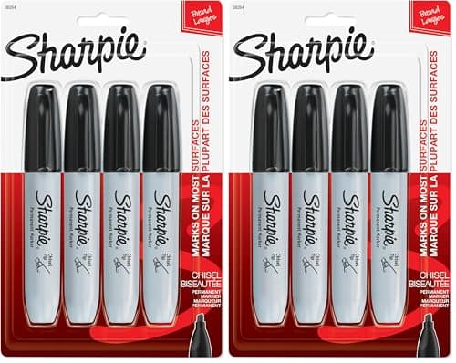 SHARPIE Permanent Markers, Large, Chisel Tip, Black,Marks on Paper, Plastic, Metal, and More, 4 Count (Pack of 2)