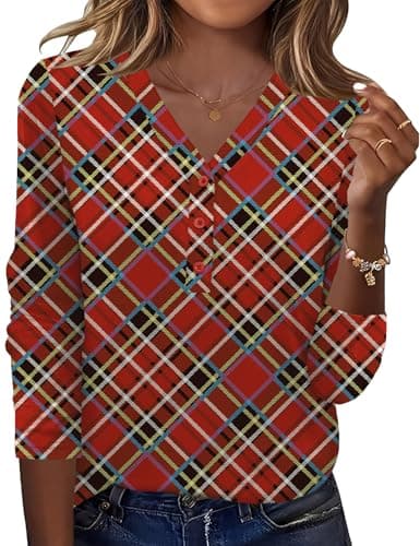 Ivicoer Plus Size Tunic Tops for Women Button Up Shirt Women V Neck Long Sleeve Blouses Trendy Fall Outfits Red Black Plaid XXL