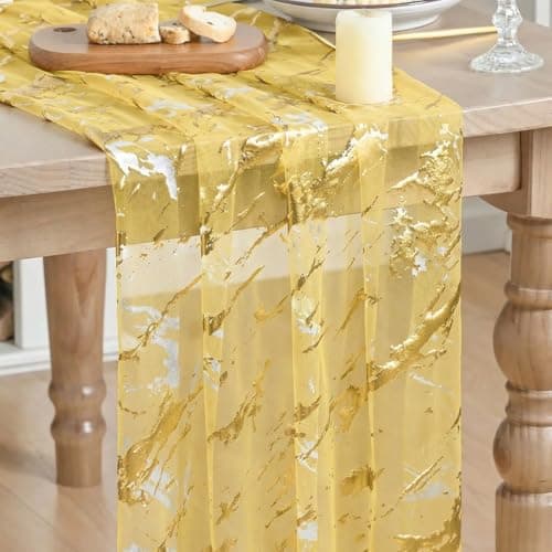 Artoid Mode Marble Pattern Yellow Gauze Table Runner 10FT, Glitter Metallic Foil Sheer Dining Wedding Anniversary Birthday Table Decor for Home Party