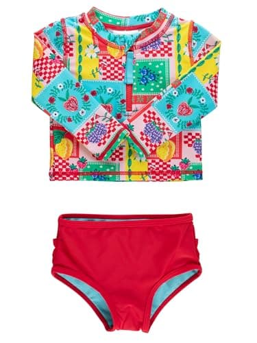 RuffleButts Baby/Toddler Girls Long Sleeve Rash Guard 2 Piece Swimsuit Set w/UPF 50+ Sun Protection with Zipper - Picnic Party, 3T