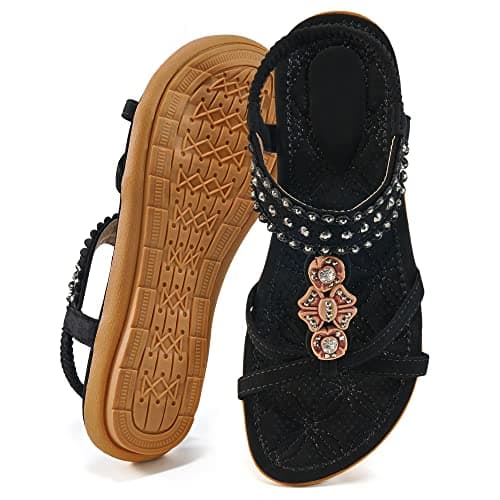 Ecetana Women's Dressy Flat Sandals: Slip On Elastic Strappy Casual Summer Shoes with Boho Rhinestone - Cushioned Comfort Footbed for All-Day Walking - Ideal for Wedding Travel