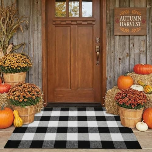 SEEKSEE Fall Decor Buffalo Plaid Outdoor Rug 27.5x43 Black and White Front Door Mat, Layering Rug for Porch, Washable Doormat, Cotton Area Rug for Outdoor Entrance Entryway Patio Porch Decor
