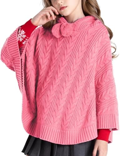 BOBOYOYO Cape for Girls Hooded Cable Knit Poncho Sweaters Kids Shawl Sweater Toddler Holiday Pullover for 3-12 Years Child