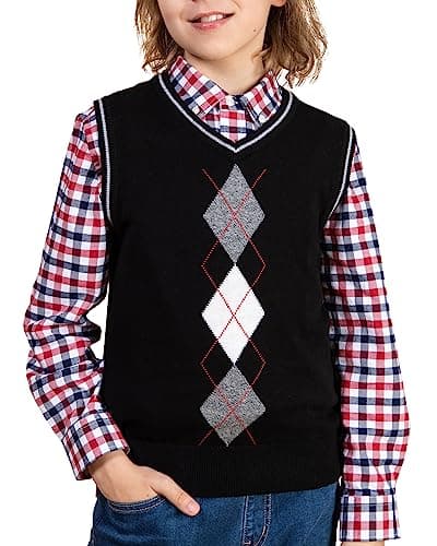 BOBOYOYO Boys Argyle Sweater Vest 100% Cotton V-Neck School Uniform Vest