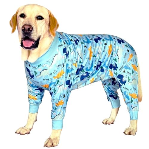PriPre Dog Surgery Recovery Suit Bule Dinosaur Printed Long Sleeve Shirts Soft Pajamas Onesie Jumpsuit Prevent Licking Dogs Shedding Suit for Large Dogs(Bule Dinosaur,XL)