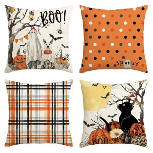 AVOIN colorlife Halloween Boo Dead Tree Ghost Spooky Dog Polka Dots Throw Pillow Covers, 18 x 18 Inch Cat Moon Pumpkin Bat Plaid Cushion Case Decoration for Sofa Couch Set of 4