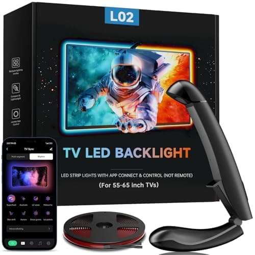 QTU TV LED Backlight with Sensor, LED Sync Lights for TV 55-65 Inch, Smart Camera Sync to Screen, Ambient RGB Strip Lights for Gaming & Home Theater, App Control (14.7ft)