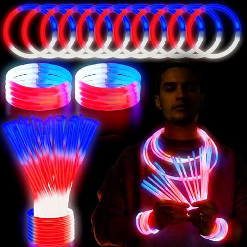 JOYIN 72 Pcs July 4th Glow Sticks Bulk with Connectors, Red White Blue 3 Colors In 1 Glow in The Dark Stick, Light Up Bracelets & Necklaces for Kids & Adults, Party Favor Supplies For Independence Day