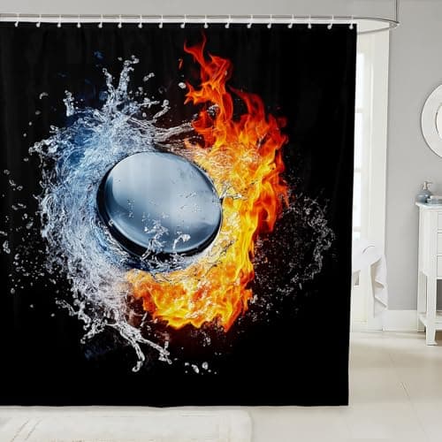 Ice Hockey Shower Curtain 3D Sport Fans Puck Hockey Bath Curtain Kids Puck in Red Flames and Blue Water Bathroom Shower Curtain Set Sport Theme Decor Waterproof Polyester Bathroom Curtains 72"x72"