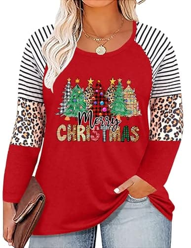 Plus Size Merry and Bright Christmas Shirt for Women Xmas Leopard Tree T-Shirt Merry Christmas Shirts Tops(Red4,3XL)