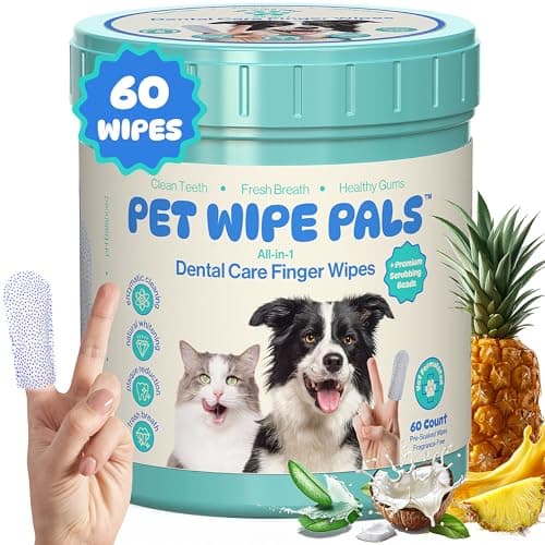 All-in-1 Dog Teeth Cleaning Wipes | Enzymatic Whitening + Micro Scrubbing Beads | Pet Dental Wipes & Finger Tooth Brushing Kit | Plant-Based Dental Care for Cats & Dogs (60 Count)