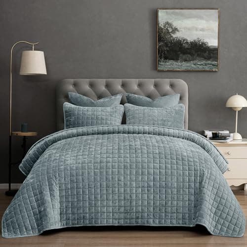 PHF Luxurious Velvet Quilt Set Twin Size – 2PCS Super Soft Quilted Comforter Alternative with Square-Box Quilt Pattern, Warm Quilted Bedspread Coverlet, 68" x 92", Dusty Blue