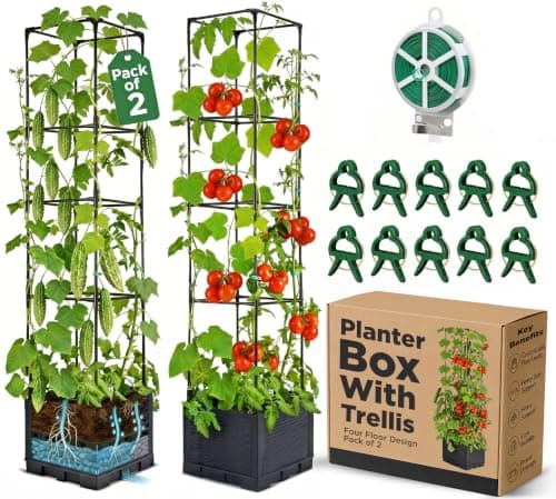 Growia 2 Pack Tomato Planter with Trellis 56 Inch, Self Watering Planter Box with Trellis, Vertical Raised Garden Bed Planter for Climbing Vegetables Indoor Outdoor Patio