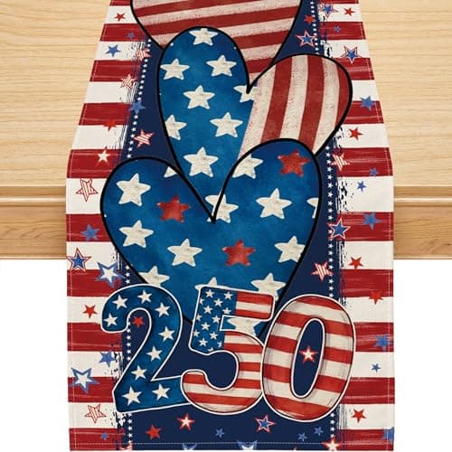 4th of July Table Runner, 250 Anniversary USA Table Runner Blue Red America Heart Stars Memorial Day Patriotic Decorations 250th Anniversary Merchandise Home Party Decor Table Decorations 13x72 Inch
