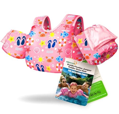 AEOCOO Toddler Swim Vest for 20-30 Pounds Kids, Puddle Pool Jumper for 1-2 Boys & Girls & Niños, Toddler Swim Aid Water Wings with Arm Floaties, Fun Patterns Float for Swimming Pool, Slipper