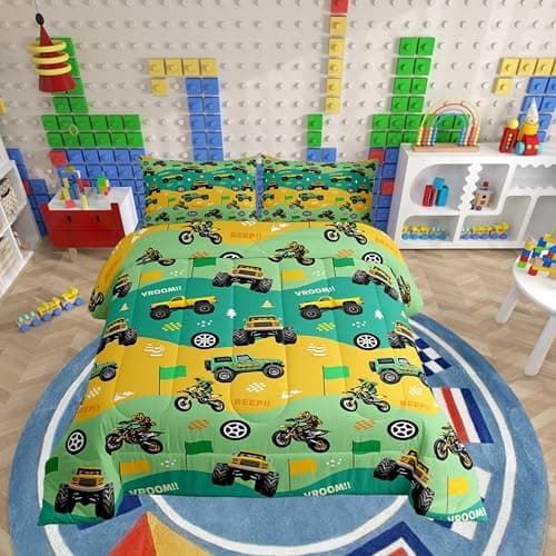 Kids Cartoon Motorcycle Comforter Sets,Boys Girls Racing Car Reversible Quilt Sets,Dirt Bike Extreme Sports Bedding Comforter Set Full Size,Cartoon Car Quilt Set Bedroom Decor Yellow Green 3pcs