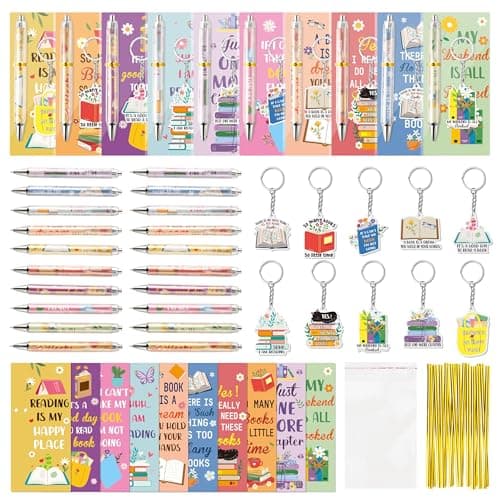 ANGOLIO Back to School Gift 230Pcs Book Lover Gifts for Women Inspirational Bookmarks Pens with Keychain Reading Accessories Bookish Gifts for Student Reader Office Librarian Club Birthday Supplies