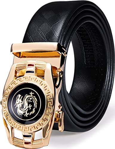 Barry.Wang Mens Belt Ratchet Click Belt Genuine Leather Slide Buckle Gold Dragon Adjustable for Dress Casual Jeans 1 3/8 Busines Father's Day