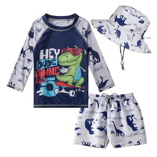 CuteCotton Toddlers Baby Boys' 3-Piece Rashguard Sets Bathing Suit Swimsuits with Hat Surfing Swimwear (Navy Dino,3-4 T)
