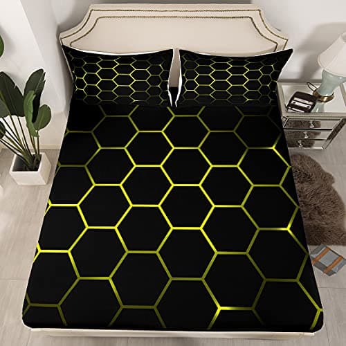 Yellow and Black Print Bed Sheet Set Hexagonal Bedding Sheets Kids Boys Teens Honeycomb Decor Bedding Fitted Sheet Beehive Simplistic Geometric Monochrome Bed Cover Bedroom Collection 2Pcs Twin Size