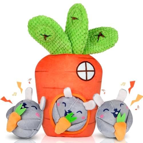 Globright Interactive Hide and Seek Squeaky Dog Plush Toy for Small Dogs, Carrot and Bunny Set, 4 Pack Set