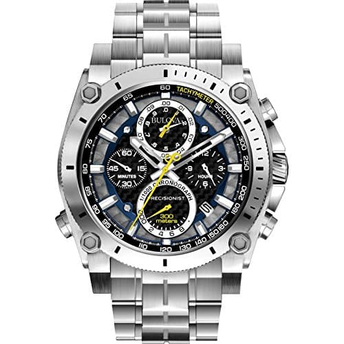 Bulova Men's Precisionist in Stainless Steel with 8-Hand Chronograph Watch, Blue and Yellow Accents, Black Dial Style: 96B175