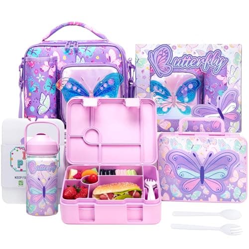 Oruiji Butterfly Lunch Box for Girls Bento Box for Kids with Lunch Bag,Stainless Steel Water Bottle,Ice Pack Set Birthday Gifts for Ages 3-12 Back to School Toddler Girls