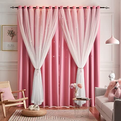 Loyala Stars Double Layer Blackout Curtains for Bedroom Kids, 72 Inches Long 2 Panels Set, Pink, 52 X 72 Inches
