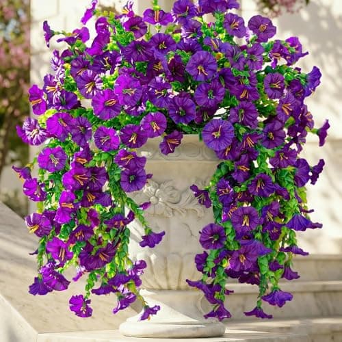 Ivydale 2 PCS Artificial Hanging Flowers Fake Plants Outdoor,Silk Morning Glory Faux Flowers with Eucalyptus Leaves,UV Resistant Realistic Hanging Petunias Plants for Home Garden Decor (Purple)
