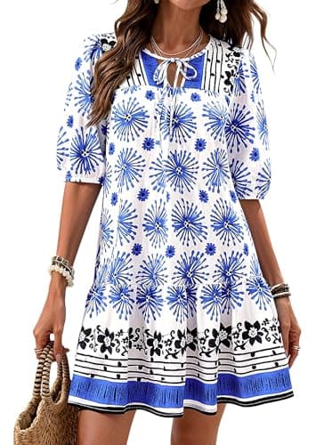 Okiwam Womens Summer Dresses 2026 Drawstring V Neck Lantern Short Sleeve Boho Floral Casual Babydoll Beach Vacation Sundress-S Blue Flower
