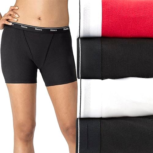 Hanes Women's Originals Mid-Thigh Boxer Brief Pack, Stretch Cotton Panties, Assorted, 4-Pack