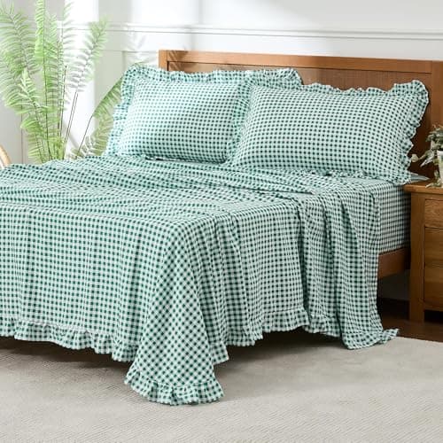 kisswish Gingham Twin Sheet Set, Lightweight Super Soft Brushed Microfiber Plaid Bed Sheets with 16" Deep Pocket, 3 Piece Ruffle Farmhouse Bedroom Decor, Green