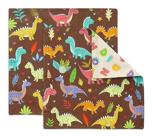 PurpleEssences Reusable Cloth Napkins | 12”x12”, 2-Ply, Thick, Absorbent, Durable | Machine Washable | Soft Cotton Fabric | Great for Lunchboxes | Set of 2 Napkins - Dinosaurs Alpha