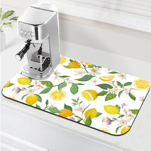 Lemon Floral Coffee Drying Mat 19" x 12", Non-Slip Absorbent Quick-Dry Mat, Coffee Station Accessory for Countertop Protection Decor