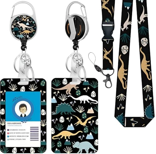 LOPIOIO Heavy Duty ID Badge Holder with Retractable Badge Reel Clip, Breakaway Lanyards, Vertical ID Card Holder for Nurses, Doctors, Teachers, Women, Men - Dinos