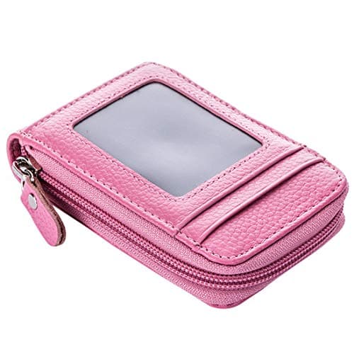 BAKUN Premium Leather Slim Zipper Business/Credit Card Wallet Case Holder with Clear Photo Slot, Security Travel Wallet(Pink)